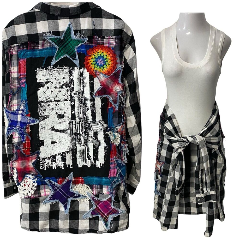 Upcycled Flannel Shirt Shacket Womens 3X NRA Patriot Grunge Patchwork Folk Art